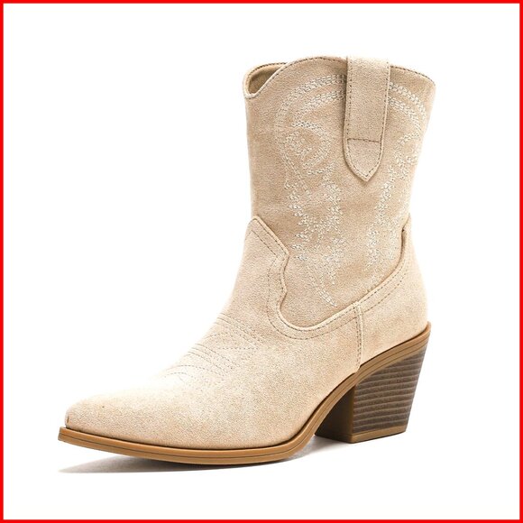 Women's Western Ankle Booties with Pointed Toe & Embroidery Faux Suede
